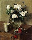 Henri Fantin-latour Canvas Paintings - White Roses and Cherries